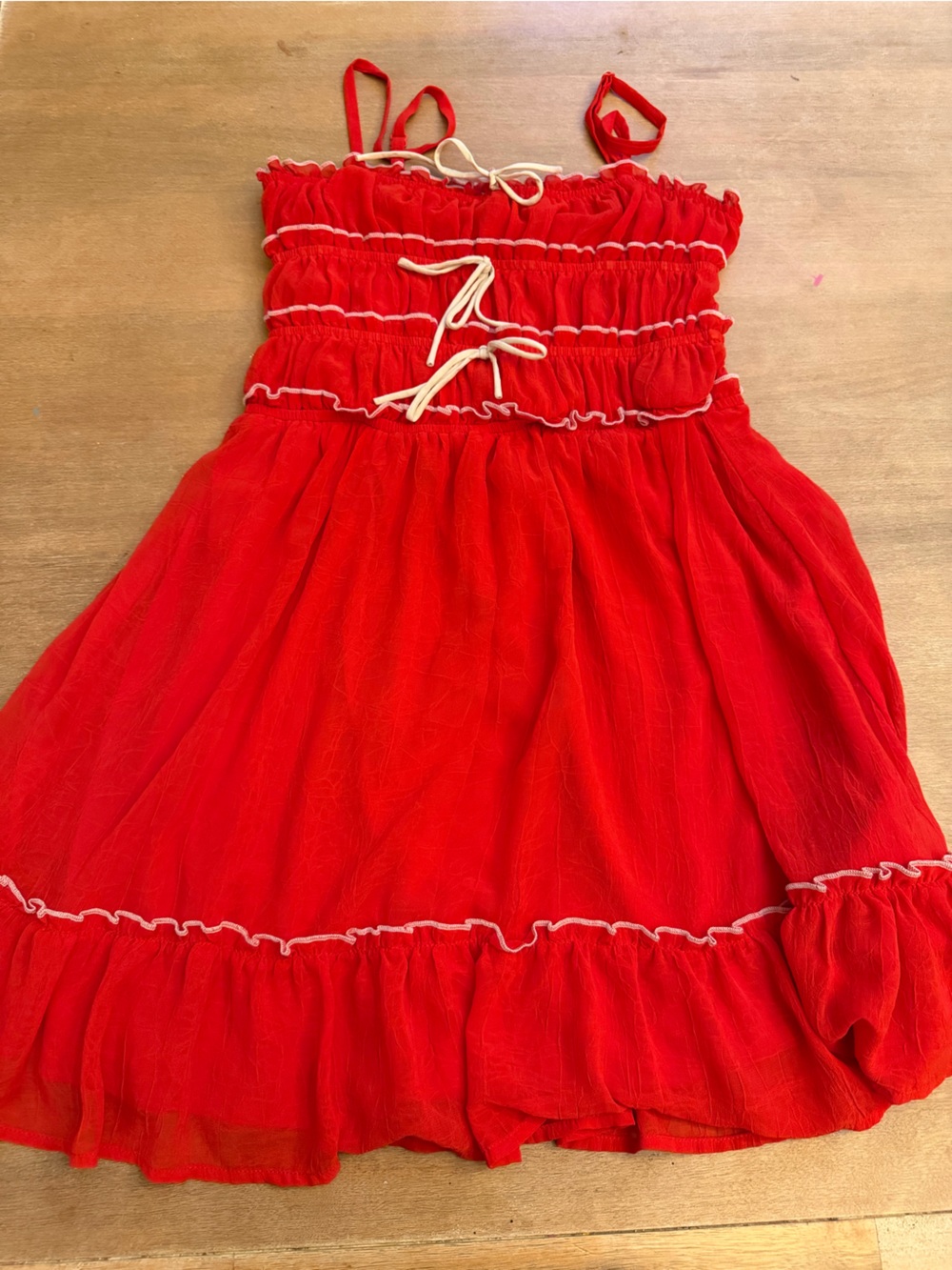 Women’s Red Smocked Camisole Dress with Contrast Ties
